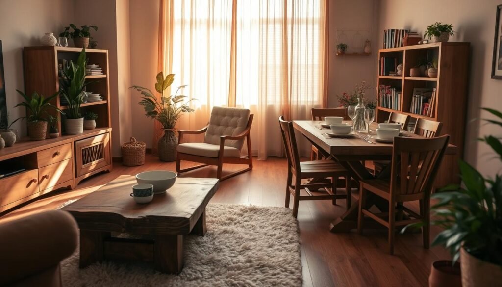 A cozy room featuring beautifully crafted wooden furniture, such as a rustic coffee table and a warm-hued bookshelf filled with plants and books. In the foreground, a soft, plush area rug complements the wooden tones, while a comfortable armchair invites relaxation. In the middle ground, a wooden dining table set elegantly with ceramic dishware enhances the inviting atmosphere. The background showcases a softly lit window draped with light, airy curtains that filter in warm sunlight, casting gentle shadows across the wooden surfaces. The scene is captured with a warm color palette, emphasizing earthy tones to evoke a sense of tranquility and comfort. The overall mood is serene and welcoming, perfect for illustrating the soothing effects of wood in interior design.