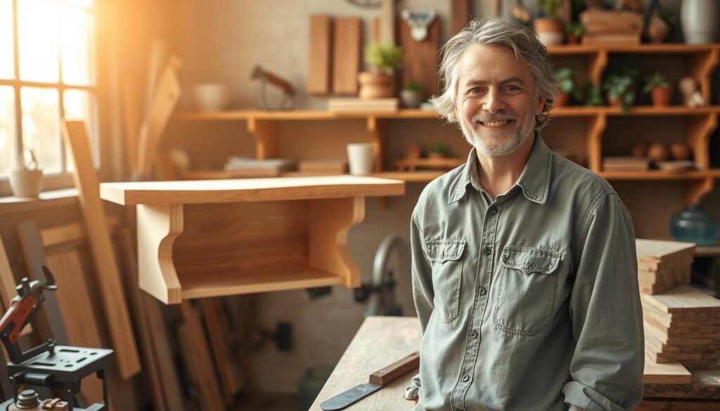 A cozy, rustic workshop atmosphere, brimming with the warm glow of soft, golden lighting filtering through a window. In the foreground, a satisfied individual, dressed in modest casual clothing, stands proudly beside a freshly crafted wood accent piece—a beautifully polished wooden shelf with intricate details and a smooth finish. The middle ground showcases essential woodworking tools: a hand saw, a chisel, and a stack of wooden planks, highlighting the hands-on process. In the background, shelves adorned with completed projects and plants bring life to the space. The mood captures a sense of accomplishment and joy, with a focus on the craftsmanship involved, inviting viewers to appreciate the satisfaction derived from DIY woodworking.