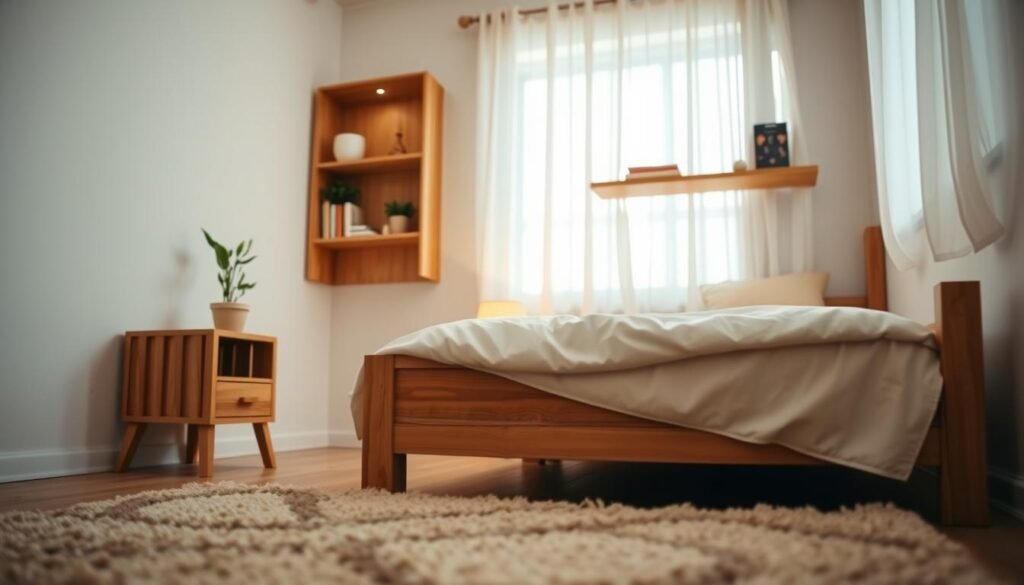 A cozy small bedroom featuring tasteful natural wood decor, including a beautiful wooden bed frame with a warm finish and a minimalist wooden nightstand with a small potted plant. The foreground highlights a plush, textured rug underfoot, enhancing the inviting atmosphere. In the middle, soft ambient lighting illuminates the room, creating a serene mood, while a wooden wall shelf displays carefully curated items such as books and small art pieces. The background features soft, neutral-colored walls and a window with sheer curtains, allowing natural light to brighten the space. The scene is shot from a low angle, capturing the intimate design and details, evoking a sense of comfort and style in compact living.