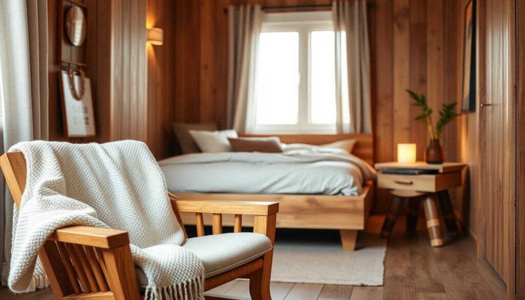 A cozy small bedroom featuring wooden decor elements. In the foreground, a beautifully crafted wooden accent chair with a soft, textured throw blanket draped over it. In the middle, a sleek wooden bed frame with a minimalist design, adorned with calming, neutral-colored bedding and a few decorative pillows. A small bedside table made of reclaimed wood, displaying a simple potted plant and a softly glowing lamp, adds to the serene atmosphere. The background showcases a softly lit window with sheer curtains, allowing gentle, natural light to filter through, illuminating the warm wood tones. The overall mood is tranquil and inviting, with a focus on creating a peaceful retreat in a compact space. The scene is captured with a warm color palette and a slight depth of field for a soft, inviting effect.