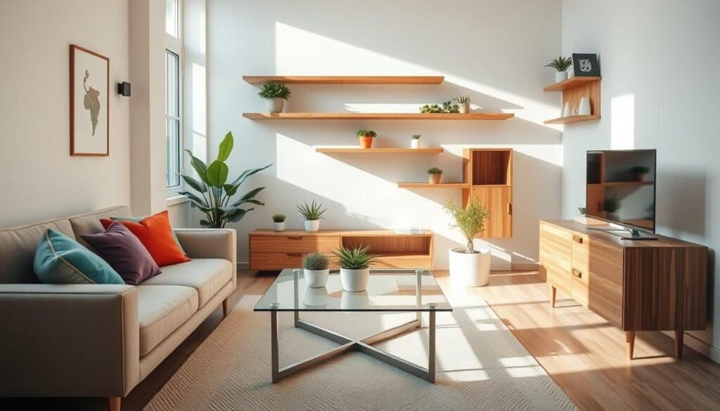 A cozy small living room with strategically placed furniture to maximize visual perception and openness, showcasing a minimalist aesthetic. In the foreground, a sleek, modern sofa adorned with colorful cushions. In the middle, a glass coffee table that reflects light and creates a sense of spaciousness, surrounded by tasteful décor plants. The background features cleverly arranged wall shelves that give the illusion of height, painted in soft pastel colors to evoke calmness. Natural light floods in through a large window, casting soft shadows that enhance the warmth of wood elements. The overall atmosphere is inviting and serene, emphasizing the importance of light and layout in small spaces. The image should be captured at a slight angle to create depth, using a soft focus lens to evoke a dreamy, comforting ambiance.