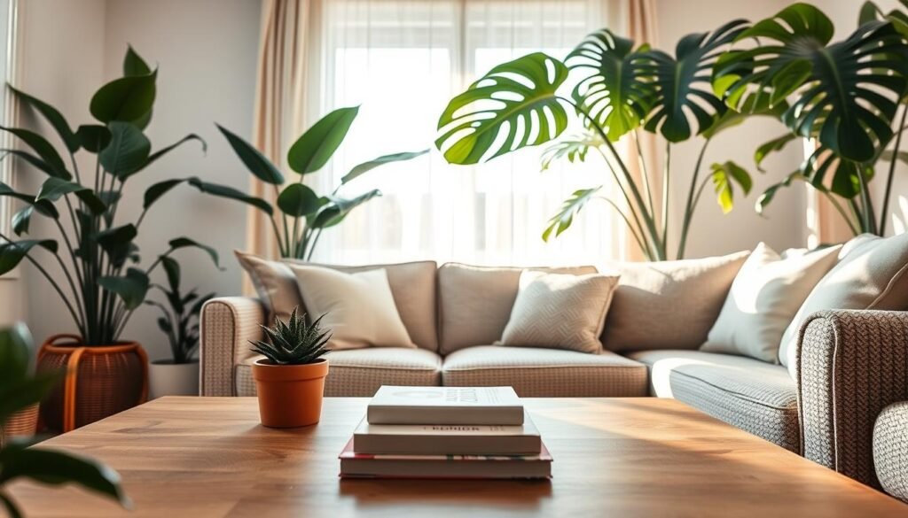 A cozy, sunlit living room featuring a variety of lush, green plants strategically placed around the space. In the foreground, a chic wooden coffee table showcases a small potted succulent and a stack of design books. The middle layer includes a large, leafy monstera plant positioned near an inviting, textured sofa adorned with soft cushions. The background reveals a serene window draped with sheer curtains, allowing soft natural light to flood the room, highlighting the wood accents in the furniture. The overall atmosphere is warm and refreshing, evoking a sense of tranquility and life, ideal for revitalizing any space. The image should capture realistic home décor in a detailed and naturalistic style, with a focus on the interplay of light and plants.