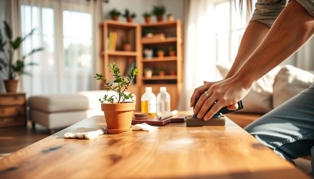 A cozy, sunlit living room featuring wooden furniture maintenance tasks. In the foreground, a pair of hands, wearing professional attire, gently sanding a wooden coffee table, showcasing detailed wood grain. A small plant in a terracotta pot adds a splash of greenery beside the table. In the middle, a well-organized workspace with wood care products like oil, cloths, and brushes neatly arranged. The background reveals a warm, inviting atmosphere with soft, natural light filtering through sheer curtains, highlighting a simple, rustic wooden bookshelf adorned with potted plants. The mood is calm and refreshing, emphasizing the importance of caring for wooden elements in home décor. The scene is captured with a shallow depth of field to draw attention to the maintenance process.