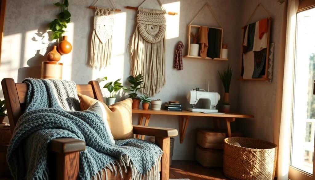 A cozy, sunlit room showcasing a variety of textile projects that add warmth and texture to home decor. In the foreground, a beautifully crafted knitted throw blanket drapes over a rustic wooden armchair, with soft cushions in earthy tones and patterns. In the middle, a handcrafted woven wall hanging hangs elegantly above a wooden side table adorned with potted plants. A sewing machine and fabric swatches are artfully arranged in a creative workspace. In the background, a large window bathes the scene in natural light, allowing shadows to dance on the textured walls. The atmosphere is inviting and tranquil, perfect for DIY enthusiasts. The lens captures the details and colors with a shallow depth of field, accentuating the warmth of the textiles.