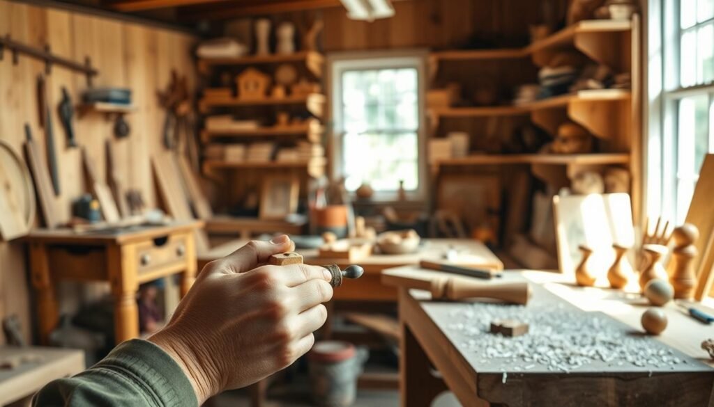 A cozy, sunlit woodworking workshop filled with warm wooden tones. In the foreground, a hands-on scene of a person in modest casual clothing, focused on shaping a small wooden project with hand tools. Their hands are visibly calloused yet gentle, reflecting careful craftsmanship. In the middle ground, a wooden workbench adorned with various woodworking tools, shavings scattered around, and a few unfinished projects that convey a sense of creativity and tranquility. The background shows shelves lined with finished wooden items, such as small furniture pieces and crafts, bathed in soft, natural light streaming through a window. The overall atmosphere is serene and inviting, exuding the therapeutic essence of woodworking and the mental peace it brings.