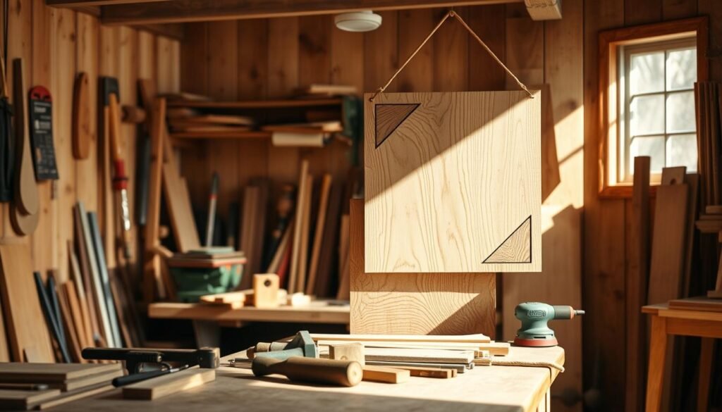 A cozy, sunlit workshop filled with tools and wood materials, showcasing a beautifully crafted piece of wooden wall art in the foreground. The wall art features simple geometric designs embellished with natural grain patterns, hanging against a rustic wooden backdrop. In the middle, various woodworking tools – saws, chisels, and sanders – are neatly arranged on a workbench, hinting at the DIY process. Soft, warm lighting creates an inviting atmosphere, accentuating the textures of the wood. The scene captures a moment of creativity, inspiring viewers to express themselves through simple wooden designs. The composition is shot with a shallow depth of field, focusing on the wall art while softly blurring the workshop background, ensuring a calm and engaging feel.
