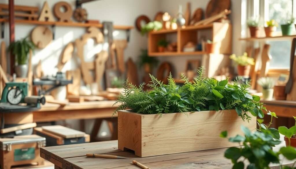 A cozy, sunlit workshop, showcasing a variety of DIY wood and plant projects. In the foreground, a beautifully crafted wooden planter box filled with vibrant green foliage, such as ferns and succulents, sits on a rustic wooden table. The middle ground features a workbench cluttered with woodworking tools like saws and chisels, alongside small potted plants adding a touch of nature. In the background, light streams through a large window, illuminating shelves filled with wooden decor pieces and additional plants. Soft, natural lighting creates a serene and inviting atmosphere, emphasizing the calming combination of wood and greenery. The image should be captured with a warm tone and a slightly blurred background for depth, focusing on the craftsmanship and tranquility of the scene.