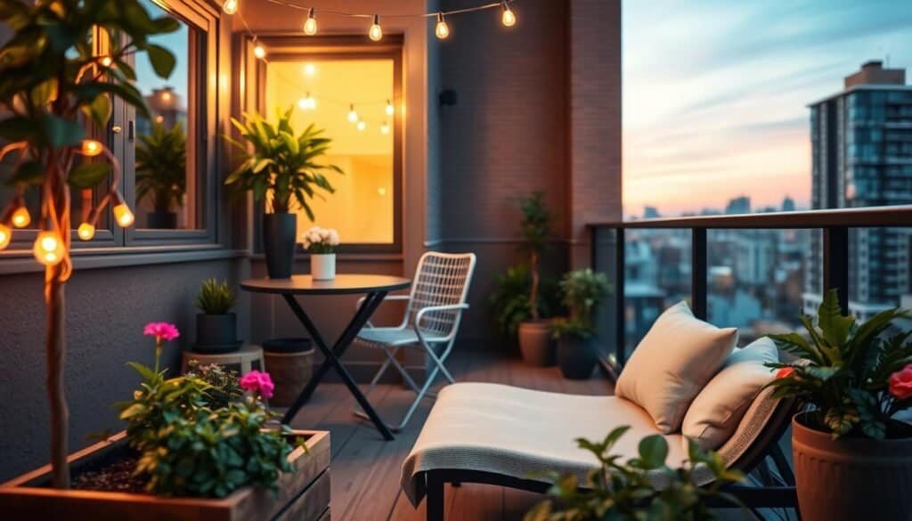 A cozy urban balcony designed for maximizing small spaces, featuring a stylish bistro table with two chairs, surrounded by lush potted plants and vibrant flowers. In the foreground, a small wooden planter boxes add texture and interest, while string lights create a warm, inviting atmosphere. The middle ground showcases a comfortable lounge chair with soft cushions, positioned to catch the morning sunlight. In the background, a cityscape is softly blurred to emphasize the intimate balcony setting, with buildings fading into a pastel evening sky. The lighting is soft and warm, evoking a serene ambiance perfect for relaxation or social gatherings, captured with a wide-angle lens to highlight the space's depth.