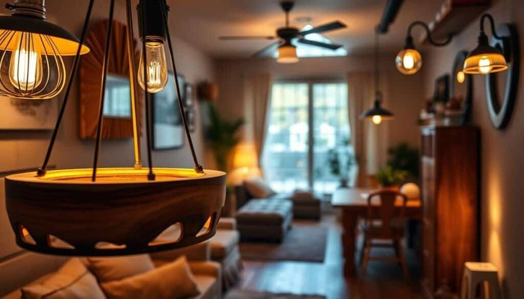 A cozy, warmly lit interior featuring beautifully crafted wooden lighting fixtures, showcasing a variety of designs such as pendant lights, floor lamps, and wall sconces. In the foreground, focus on an elegant pendant light made from reclaimed wood with intricate detailing. The middle section includes a tastefully arranged living area with soft textures, where the wooden fixtures provide a warm glow that enhances the inviting atmosphere. The background reveals a softly lit dining space, highlighting how the wooden elements blend harmoniously with contemporary decor. The scene is illuminated by a soft, golden light, creating a tranquil and welcoming mood. Shot from a slight angle to capture depth and showcase the beauty of the fixtures, while ensuring a realistic and professional aesthetic.