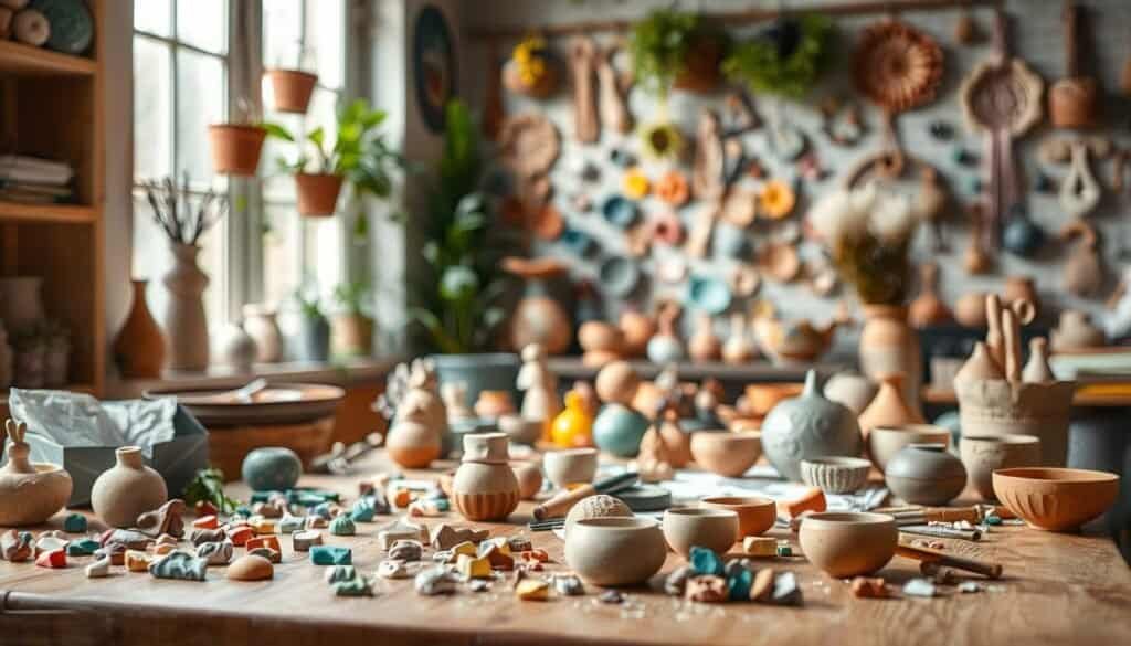 A cozy, well-lit artist's workspace featuring an array of clay DIY projects. In the foreground, a wooden table scattered with colorful clay pieces, sculpting tools, and a few partially completed ceramic pots. In the middle ground, a vibrant assortment of finished clay items, such as decorative bowls and unique wall hangings, showcasing a variety of textures and patterns. The background includes soft, natural light streaming through a window adorned with potted plants, enhancing the warm and inviting atmosphere. The scene is captured with a shallow depth of field to focus on the handmade details, evoking a sense of creativity and inspiration.