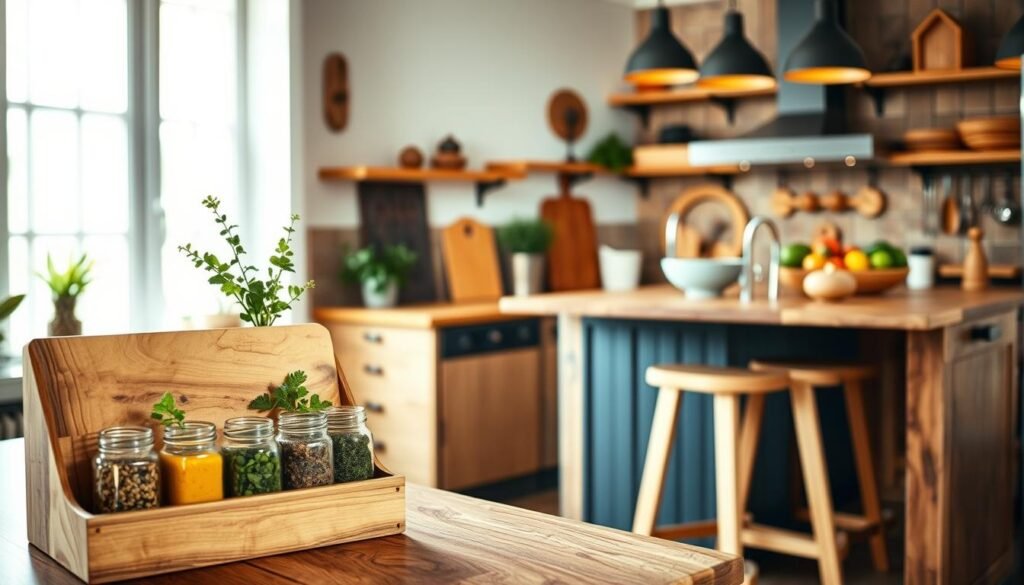 A cozy, well-lit kitchen showcases an array of DIY wooden projects suitable for beginners. In the foreground, a handmade wooden spice rack holds vibrant jars filled with herbs and spices, while a rustic wooden cutting board is artfully placed beside a bowl of fresh vegetables. The middle layer features a sturdy, simple kitchen island with bar stools made of reclaimed wood, adorned with a small potted plant. In the background, warm, natural light filters through a window, illuminating shelves displaying other DIY wooden items like shelves, utensil holders, and a handmade wooden fruit bowl. The atmosphere feels inviting and creative, capturing the essence of weekend DIY projects. The perspective is slightly elevated, focusing on the kitchen's inviting details, with a soft depth of field effect to emphasize the wooden elements.