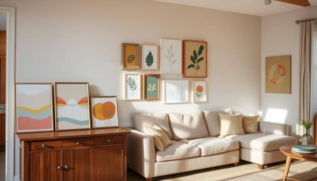 A cozy, well-lit living room featuring a collection of budget-friendly wall art ideas. In the foreground, a wooden console table displays handmade abstract paintings and framed fabric wall hangings, adding a touch of warmth. The middle layer showcases a gallery wall with a mix of colorful prints, simple botanical art, and DIY canvas paintings, all arranged in an aesthetically pleasing layout. In the background, a soft, neutral-colored sofa complements the art. Natural light streams in through a nearby window, creating a cheerful atmosphere. The room has a relaxed, inviting vibe, perfect for showcasing affordable decor options, with warm wood tones and pops of color enhancing the overall look. No text or branding visible in the image.