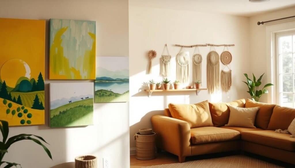 A cozy, well-lit living room featuring vibrant DIY wall art projects that instantly enhance the space. In the foreground, a mix of colorful canvas paintings hangs on the wall, showcasing abstract designs and nature themes. One painting is bright yellow with bold brush strokes, while another features a serene landscape in soft blues and greens. In the middle, a handcrafted wooden shelf displays small potted plants and handmade decorations, including woven wall hangings that add texture. The background shows a warm-toned fabric couch and a soft area rug, creating an inviting atmosphere. The scene is illuminated by natural light streaming through a large window, casting gentle shadows, and evoking a cheerful, creative mood. The image captures the essence of DIY craftsmanship and home transformation.