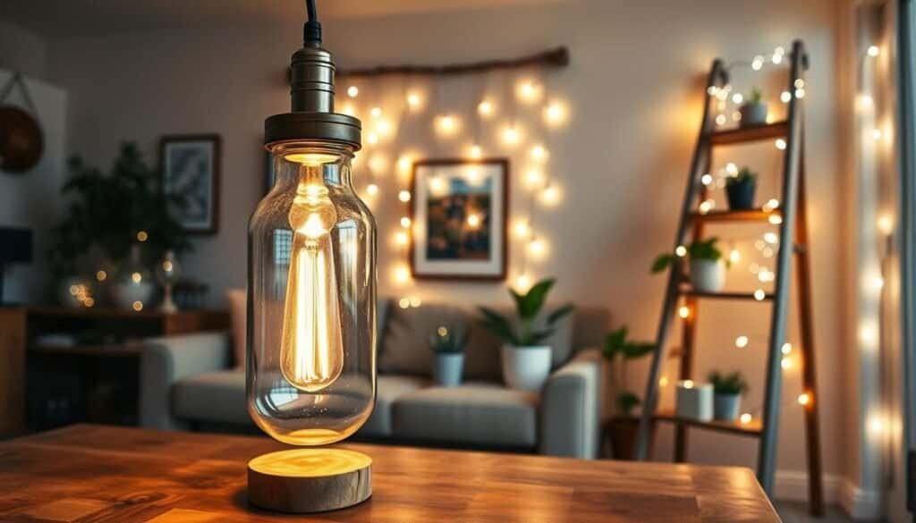 A cozy, well-lit living room showcasing various DIY lighting projects on a budget. In the foreground, a rustic wooden table features a homemade pendant light crafted from an upcycled glass jar and a vintage light bulb. In the middle, a stylish corner displays fairy lights draped over potted plants and artwork, casting soft shadows on the walls. In the background, a repurposed wooden ladder serves as a shelf for more creative lighting ideas, like painted mason jars and LED string lights. The room is warmly illuminated with a soft glow, creating an inviting atmosphere that embodies creativity and resourcefulness. The angle captures the essence of home decor transformation, highlighting budget-friendly innovations without any text or distractions.