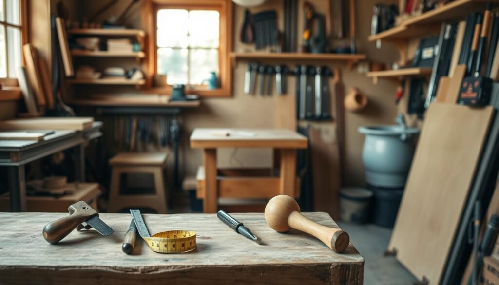 A cozy, well-lit woodworking workshop filled with essential beginner tools. In the foreground, neatly arranged hand tools like a small handsaw, chisels, a tape measure, and a wooden mallet sit on a rustic workbench. The middle ground features a simple yet sturdy workbench with a few pieces of raw wood ready for crafting. Behind the bench, shelves lined with neatly organized tools, including clamps and sanders, add depth. Natural light streams through a nearby window, casting soft shadows and highlighting the warm wood tones. The atmosphere feels inviting and motivating, perfect for inspiring creativity in novice woodworkers.