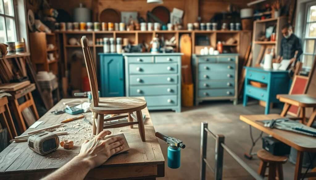 A cozy, well-lit workshop featuring a wooden table covered with various DIY tools and supplies for furniture renovation. In the foreground, a pair of hands expertly sanding down an old wooden chair, showcasing the process of transformation, with wood shavings nearby. The middle ground highlights freshly painted furniture pieces in vibrant colors, like a reimagined dresser and a revitalized coffee table, blending rustic charm with modern flair. In the background, shelves filled with paint cans and design materials, illuminated by warm, natural light streaming through a nearby window, creating an inviting atmosphere. The overall mood is creative and inspiring, emphasizing the satisfaction of breathing new life into furniture through simple DIY projects.