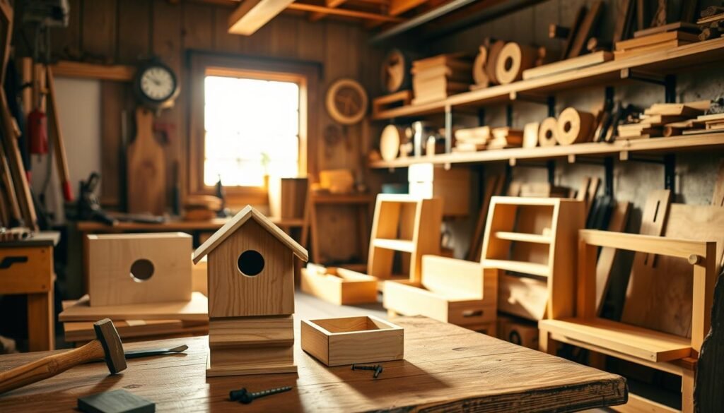 A cozy, well-lit workshop filled with a variety of simple DIY wood projects perfect for beginners. In the foreground, a beginner-friendly project is showcased, such as a small wooden birdhouse, neatly assembled with a few basic tools like a hammer and nails beside it. The middle ground features several completed projects like a wooden planter box and a simple bookshelf, all with natural wood finishes. In the background, warm light filters through a window, illuminating rustic wooden shelves lined with more tools and wood pieces. The overall atmosphere is inviting and encouraging, emphasizing a creative space where anyone can start their woodworking journey. The image should capture the warmth and simplicity of DIY woodworking, with soft shadows and a natural color palette.