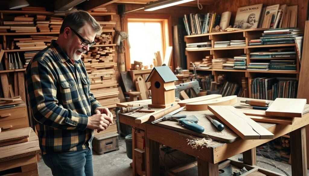 A cozy, well-lit workshop filled with woodworking tools and projects in various stages of completion. In the foreground, a craftsman wearing a plaid shirt and safety glasses is carefully sanding a wooden project, showcasing the intricate grain of the wood. The middle ground features a sturdy workbench cluttered with chisels, saws, and a half-finished birdhouse, with shavings scattered around, hinting at the hands-on nature of the craft. The background reveals shelves filled with neatly stacked lumber and inspirational woodworking books, bathed in warm, natural light streaming through a window. The atmosphere is inviting and serene, capturing the joy of creativity and focus that woodworking brings.