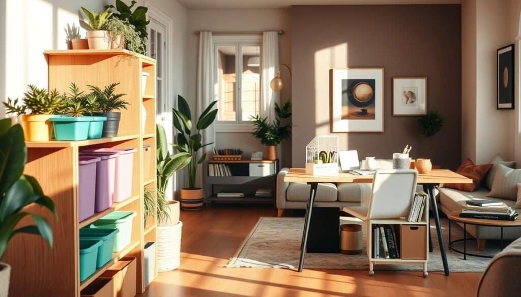 A cozy, well-organized home interior showcasing budget-friendly organization solutions. In the foreground, a wooden shelving unit filled with neatly arranged colorful bins and potted plants. The middle ground features a beautifully organized desk space with a stylish DIY organizer holding office supplies and books. In the background, there's a serene living room with a minimalist coffee table and an accent wall adorned with tasteful artwork. Soft, natural light filters through a nearby window, casting gentle shadows that enhance the warm atmosphere. The mood is inviting and practical, emphasizing a clutter-free lifestyle. Capture this scene with a slight angle, using a shallow depth of field to focus on the organization elements while softly blurring the background.