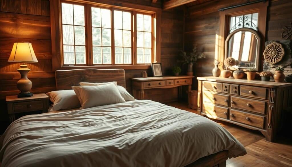 A cozy wooden bedroom decor scene filled with richly textured wood elements. In the foreground, a neatly made bed with a rustic wooden headboard, adorned with soft, neutral-toned linens and plush pillows. A nightstand made from reclaimed wood sits beside the bed, featuring a stylish lamp casting warm, soft light. The middle ground showcases a wooden dresser with intricate carvings, complemented by decorative wooden accents like a framed photo and small potted plants. In the background, large windows allow natural light to stream in, illuminating the warm wooden floors and creating a serene ambiance. The overall atmosphere is tranquil and inviting, evoking a sense of relaxation and comfort in a sanctuary-like setting. Use soft focus to enhance the cozy vibe, capturing the beauty and warmth of wood in interior design.