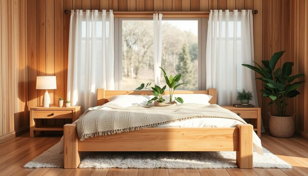 A cozy wooden bedroom featuring soft, natural wood elements. In the foreground, a rustic wooden bed frame adorned with fluffy white linens and a woven throw blanket creates a serene focal point. On each side, simple wooden nightstands display minimalistic lamps casting a warm, inviting glow. In the middle, a plush rug complements the warm floorboards, while a collection of potted green plants adds a touch of nature. The background showcases a large window draped with light, airy curtains, allowing soft natural light to fill the space, enhancing the tranquility of the scene. The atmosphere imbues a sense of calmness and rejuvenation, perfect for restful nights. The image captures the essence of a nurturing, wooden-inspired sanctuary. Realistic home décor and woodworking photos. No overlays, logos, watermarks, or promotional text.