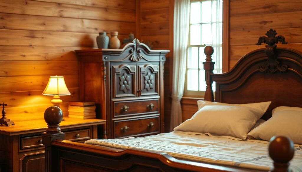 A cozy wooden bedroom scene featuring elegant wooden furniture. In the foreground, a beautifully crafted wooden bed frame with a rich mahogany finish, adorned with soft neutral bedding. To the left, a vintage nightstand holding a small bedside lamp that emits warm, inviting light, casting a gentle glow. The middle of the image includes a rustic wooden dresser with intricate carvings, reflecting a touch of craftsmanship. In the background, wood-paneled walls add warmth to the atmosphere, while a window allows soft natural light to filter in, creating a serene ambiance. The overall mood is calming and inviting, perfect for a peaceful retreat. Use a soft focus lens with a warmth-enhancing filter for a homely touch.