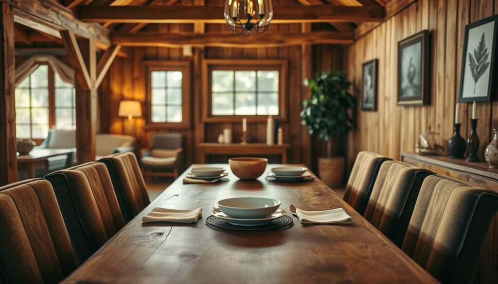A cozy wooden dining area, featuring a rustic oak dining table centrally placed, surrounded by comfortable upholstered chairs. The foreground highlights the texture of the wood grain and the inviting setup of a simple table setting with ceramic dishes and soft linen napkins. In the middle ground, soft, warm lighting illuminates the space, casting gentle shadows that enhance the wood's natural beauty. The background consists of exposed wooden beams and a large window allowing natural light to filter in, creating an inviting atmosphere. A potted plant adds a touch of greenery, while delicate decorative elements, such as a wooden bowl and candles, enhance the overall cozy vibe. The room should evoke warmth and charm, embodying a welcoming dining experience.