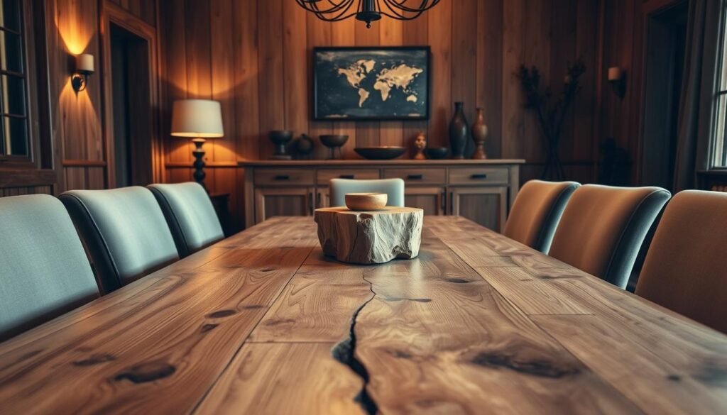 A cozy wooden dining room featuring a rustic table made of reclaimed wood with natural grain patterns, surrounded by elegant, upholstered chairs. In the foreground, a handcrafted wooden centerpiece adds character. The middle ground displays a simple yet stylish wooden sideboard adorned with decorative wooden accents like bowls and vases. The background reveals softly lit walls showcasing wooden paneling, creating warmth and inviting ambience. Soft, warm lighting enhances the rich textures of the wood, casting gentle shadows. The scene is captured from a low angle, emphasizing the immersive depth of the space, instilling a sense of comfort and homeliness in the dining area, perfect for family gatherings or intimate dinners.