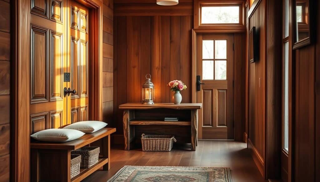 A cozy wooden entryway featuring a rich, polished oak door with intricate carvings and a warm, inviting tone. In the foreground, a beautifully crafted wooden bench with soft cushions offers a place to sit and remove shoes, accentuated by a rustic woven basket underneath. In the middle, a console table made of reclaimed wood is adorned with a simple vase of fresh flowers and a vintage lantern, casting soft, ambient light. The background showcases a subtle interplay of soft natural light streaming in through a nearby window, illuminating rich wood textures and creating a serene atmosphere. The overall mood conveys warmth and tranquility, inviting viewers to experience the charm of incorporating wood into everyday spaces. Ensure the scene is free from any text or labels.