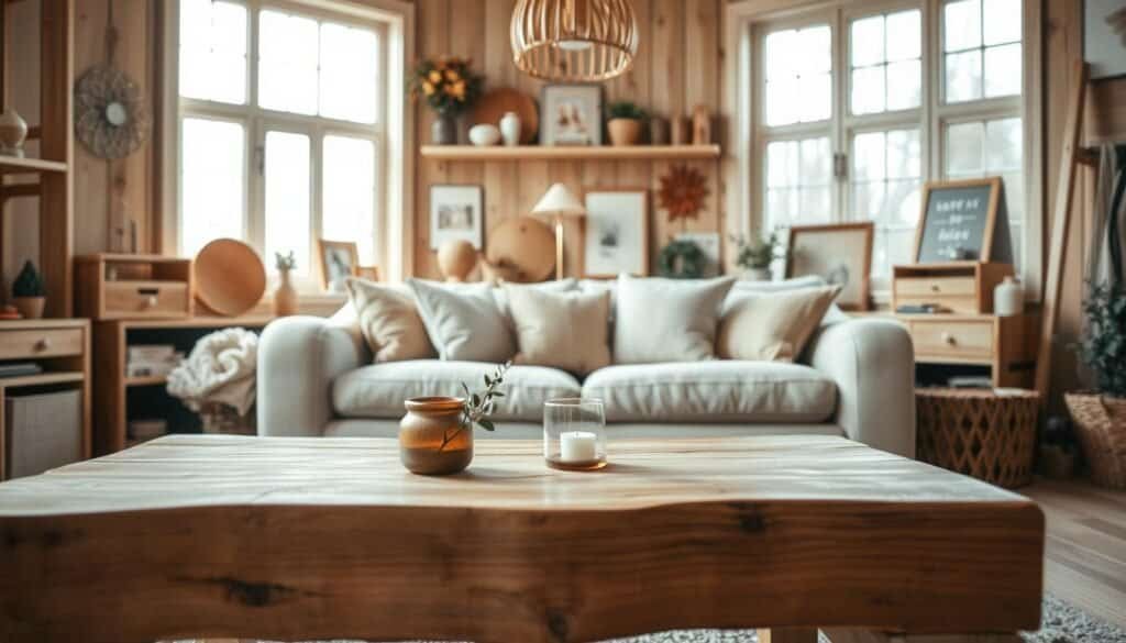 A cozy wooden living room decorated with natural wood details. In the foreground, a rustic wooden coffee table is adorned with a few elegant, simple decorations such as a plant and a candle. The middle ground features a plush sofa with soft cushions, made of neutral fabrics that harmonize with the wooden elements. Around the room, various wooden accents like shelves, picture frames, and a delicate wooden light fixture create a warm atmosphere. The backdrop shows large windows allowing soft, natural light to pour in, bathing the space in a warm glow. The lens captures the room from a slightly elevated angle, showcasing the interplay of textures and materials, evoking a serene and inviting mood ideal for incorporating natural wood into diverse design styles.