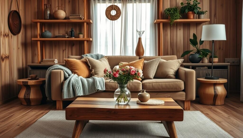 A cozy wooden living room interior featuring warm, natural wood decor elements that enhance the space's charm. In the foreground, a rustic wooden coffee table adorned with a delicate vase of fresh flowers and textured fabric coasters. In the middle, a comfortable sofa draped with a soft knitted throw and accented by plush, earthy-toned cushions. Behind, beautifully crafted wooden shelves displaying artisanal crafts and greenery, creating an inviting atmosphere. Soft, ambient lighting filters through sheer curtains, casting gentle shadows that enhance the wood's richness. The scene is shot from a slightly elevated angle, providing a comprehensive view that radiates warmth and comfort, ideal for transforming a flat living room into a warm and welcoming retreat.