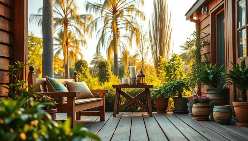 A cozy wooden outdoor space designed for relaxation, showcasing a small, handcrafted wooden bench adorned with vibrant cushions, positioned in the foreground. Surround the bench with potted plants featuring green foliage and colorful flowers. In the middle ground, include a rustic wooden table topped with a charming arrangement of candles and small decorative items. The background features a serene garden with tall trees softly swaying in the breeze and a clear blue sky. The scene is bathed in warm, golden hour lighting, creating a tranquil and inviting atmosphere. Capture the image with a slight downward angle, focusing on the details of the wooden textures and the lush greenery for a realistic home décor feel.
