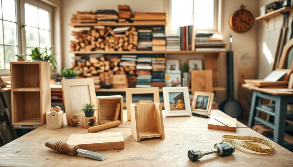 A cozy woodworking workshop in warm, natural light, showcasing a table with a variety of simple wooden project ideas, such as a small bookshelf, a wooden planter, and a decorative picture frame. In the foreground, a half-finished wooden project rests on the workbench, accompanied by basic tools like a chisel and a measuring tape, inviting a sense of accomplishment and creativity. In the middle ground, shelves lined with neatly organized lumber and inspirational woodworking books create a sense of organization and ease. The background features large windows filtering soft sunlight, enhancing the warm, inviting atmosphere. The scene conveys a feeling of tranquility and satisfaction, perfect for encouraging quick and simple woodworking projects that provide a quick sense of achievement.