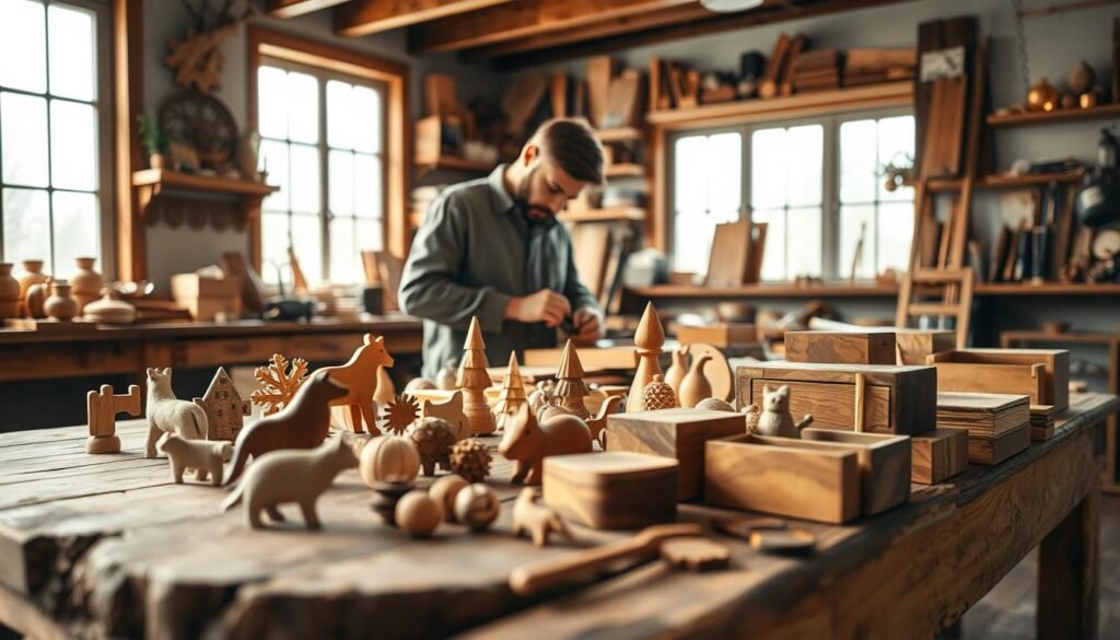 A cozy workshop filled with beautifully crafted wooden DIY gifts. In the foreground, a rustic wooden table is scattered with seasonal wood crafts: intricately carved animal figurines, hand-painted ornaments, and small wooden boxes, showcasing a variety of wood textures. The middle ground features a craftsman in modest casual clothing, focused on sanding a piece of wood, with sunlight streaming through large windows, illuminating the warm tones of the wood. In the background, shelves are lined with finished projects and tools, creating an inviting atmosphere. The overall mood is one of serenity and creativity, emphasizing the joy of woodworking as a peaceful distraction. Soft, natural lighting enhances the wood grain details, making the scene feel warm and welcoming.
