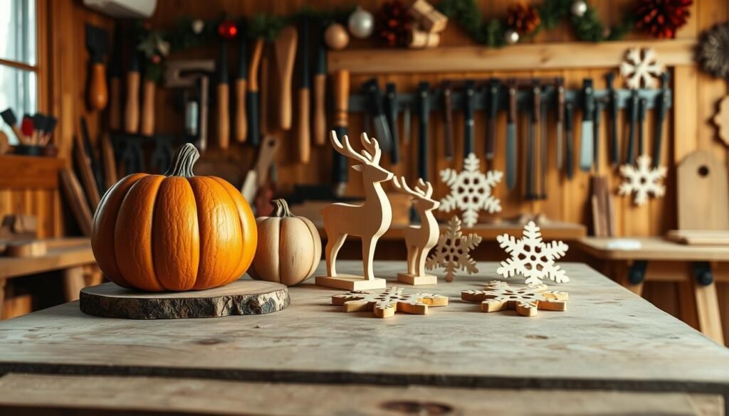 A cozy workshop filled with seasonal woodworking projects, showcasing a finely crafted wooden pumpkin, a reindeer figurine, and a set of hand-carved snowflakes arranged on a rustic workbench. In the foreground, soft light from a nearby window illuminates the smooth textures of the wood and the fine details of each piece. The middle ground features a well-organized tool rack with chisels, saws, and clamps, against the backdrop of a warm wooden wall lined with seasonal decorations. The atmosphere is inviting and creative, evoking a sense of peace and inspiration. The image should convey realism and the joy of crafting, with no distractions like text or overlays.