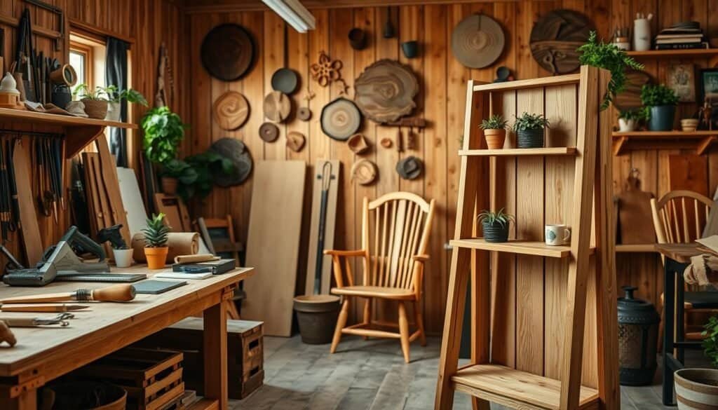 A cozy workshop filled with various DIY wooden projects. In the foreground, a beautifully crafted wooden shelf stands, adorned with potted plants and small decorative items. To the left, a sturdy workbench showcases tools like a saw, chisel, and measuring tape, hinting at recent activity. In the middle, an unfinished wooden chair leans against the wall, with warm light casting gentle shadows that highlight the wood grain. The background features a rustic wooden wall adorned with hanging wood art and shelves filled with inviting home décor. Soft, diffused lighting creates a warm, inviting atmosphere, while the camera angle captures the space from a slightly elevated perspective, showcasing depth and detail in this intimate DIY setting.