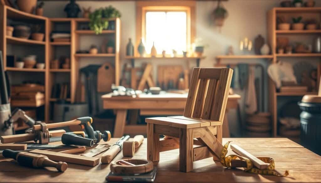 A cozy workshop scene featuring a beautifully crafted piece of DIY furniture, such as a rustic wooden chair or small table, prominently displayed in the foreground. Surrounding the furniture, a variety of woodworking tools are artfully arranged, including a saw, hammer, and measuring tape, emphasizing the craftsmanship involved. In the middle ground, a wooden workbench is illuminated by warm, natural light streaming through a window, casting soft shadows that enhance the inviting atmosphere. The background showcases wooden shelves filled with handcrafted decor and plants, contributing to a homely feel. The overall mood is warm and inviting, capturing the essence of personalized wooden projects that add character and warmth to the home. The image is shot with a shallow depth of field to focus on the furniture while lightly blurring the background, creating a harmonious and enchanting woodworking environment.