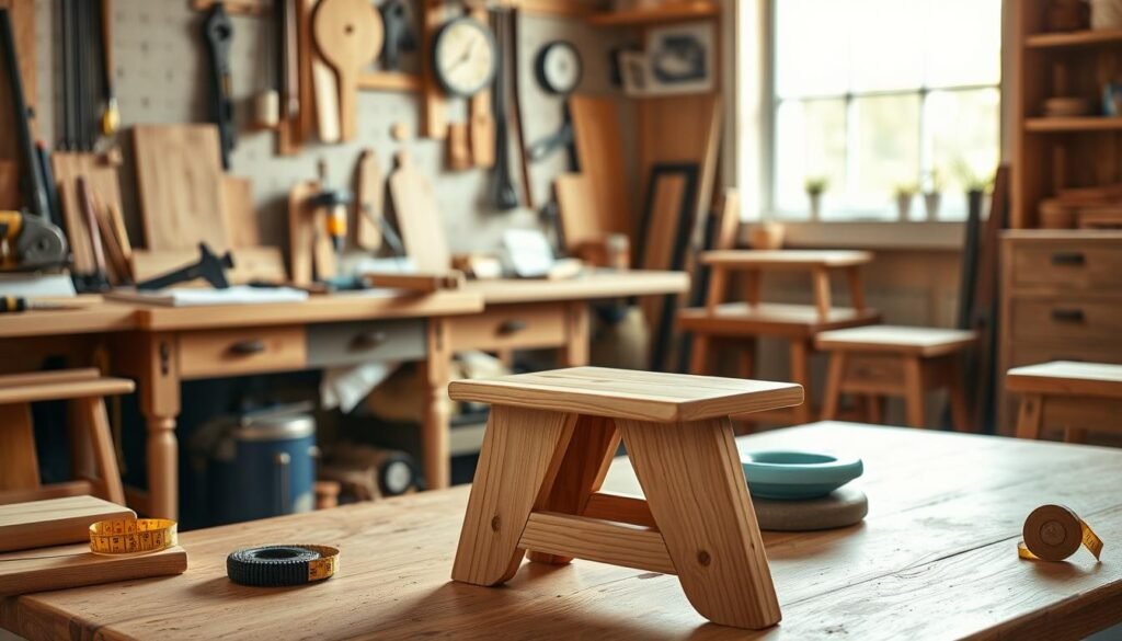 A cozy workshop scene featuring a beautifully crafted wooden step stool and small furniture pieces. In the foreground, showcase a natural wood step stool with a smooth finish, surrounded by various small furniture projects like a wooden side table and a rustic shelf. The middle ground includes a cluttered workbench with tools like a saw, measuring tape, and wood glue, creating an engaging DIY atmosphere. In the background, a softly lit window casts warm, golden light, accentuating the rich textures of the wood. The scene should feel inviting and peaceful, embodying a tranquil DIY workspace perfect for creating small furniture items. The composition should have a shallow depth of field, focusing on the craftsmanship while blurring the background slightly.