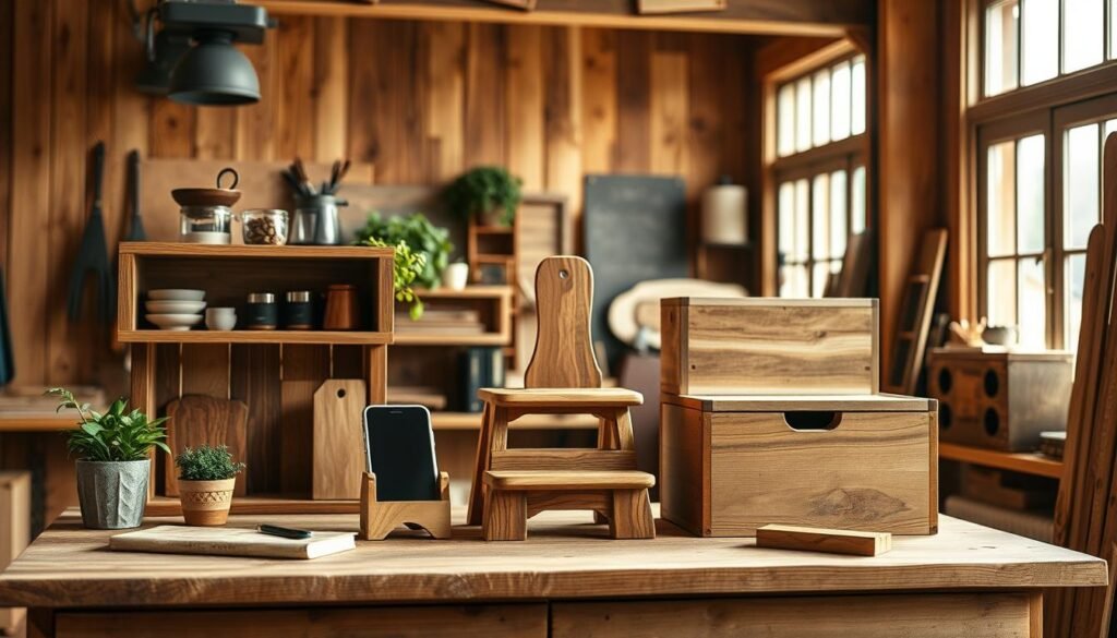 A cozy workshop scene featuring a collection of functional wood projects neatly arranged on a sturdy workbench. In the foreground, a beautifully crafted wooden shelf holds essential kitchen items, while a cleverly designed phone stand is placed beside a small potted plant. The middle layer showcases a handmade step stool and a personalized wooden storage box, all displaying exquisite grain details and rich tones. In the background, warm natural light streams in through a window, illuminating rustic wood beams and inspiring a sense of craftsmanship. Soft shadows enhance the textures, while the inviting atmosphere encourages creativity and DIY spirit. Realistic home décor style, no human characters present.