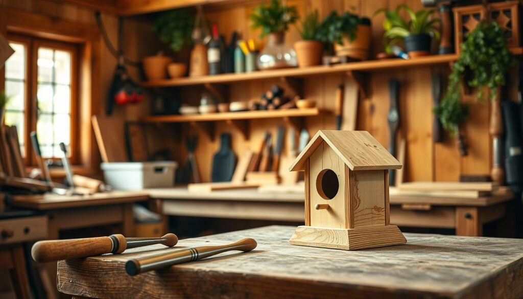 A cozy workshop scene featuring a simple wooden project in progress, such as a small birdhouse or a wooden planter, resting on a sturdy workbench. In the foreground, a pair of hand tools—like a chisel and a small hammer—are casually placed nearby. The middle background reveals warm wood textures and a shelf filled with various woodworking tools and supplies, bathed in soft, natural light filtering through a window. The workshop has a rustic charm, with wooden beams and hanging plants, creating a welcoming and inspiring atmosphere. The overall mood is one of warmth and creativity, capturing the joy of making something beautiful from wood in under an hour. The image should be detailed and realistic without any text or overlays.