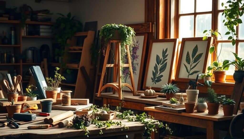 A cozy workshop scene featuring a variety of DIY plant-and-wood projects. In the foreground, a rustic wooden workbench cluttered with tools, small potted plants, and unfinished wooden decor pieces. In the middle, a half-completed plant stand made of reclaimed wood, with trailing plants elegantly draping down. A couple of wooden picture frames leaning against the wall, showcasing vibrant plant-inspired art. In the background, warm, soft lighting through a large window, casting gentle shadows that enhance the natural textures. The atmosphere is inviting and creative, appealing to DIY enthusiasts. Emphasize realistic woodworking details, with no text or distractions, focusing solely on the beauty of the natural elements in harmony with crafted wood.