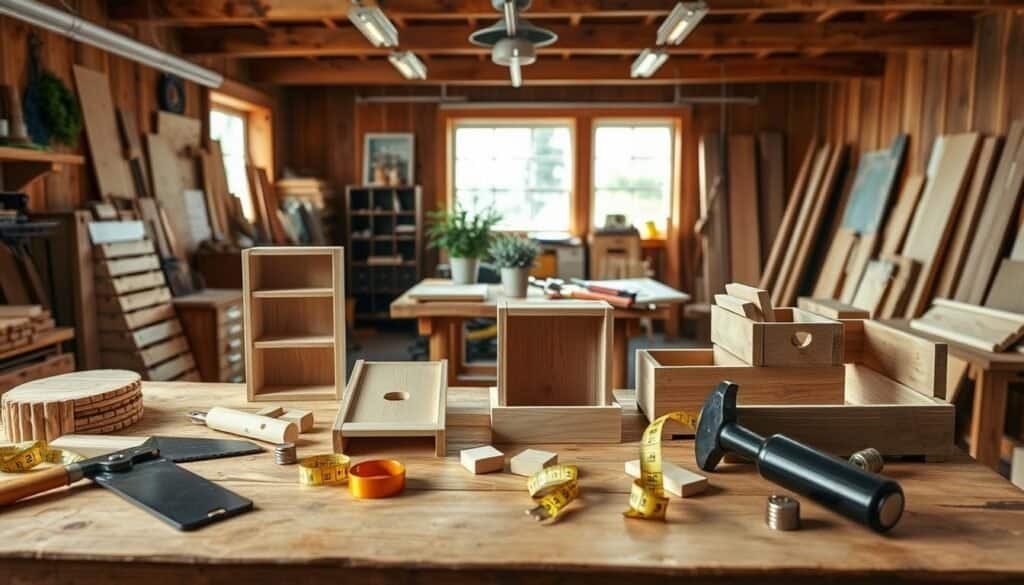 A cozy workshop scene featuring a variety of simple DIY wooden projects for beginners. In the foreground, a wooden tabletop displays neatly arranged tools such as a saw, hammer, and measuring tape, along with partially completed projects like a small bookshelf and wooden planter boxes. The middle ground shows a workbench cluttered with wood pieces and a soft green potted plant. In the background, warm, natural light streams through a window, illuminating the wooden beams of the workshop, creating a welcoming atmosphere. The image captures a sense of warmth and creativity, inviting viewers to imagine the joy of crafting simple wooden elements at home, with an emphasis on hands-on woodworking skills.