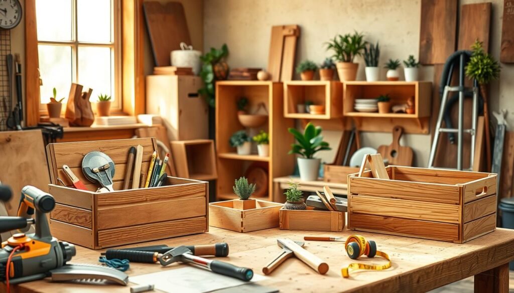 A cozy workshop scene featuring a variety of small DIY wooden storage solutions, including a neatly organized wooden toolbox, a set of wooden shelves, and a stylish wooden crate, all handcrafted with visible wood grain and natural finishes. In the foreground, a well-lit workbench is scattered with tools such as a saw, hammer, and measuring tape. The middle ground showcases the storage items artistically arranged with plants and decorative items, suggesting a personal touch. The background includes warm natural lighting filtering through a window, illuminating the wood textures and creating a welcoming, productive atmosphere. The mood is inspiring and approachable, ideal for anyone looking to engage in simple woodworking projects they can complete in an afternoon.