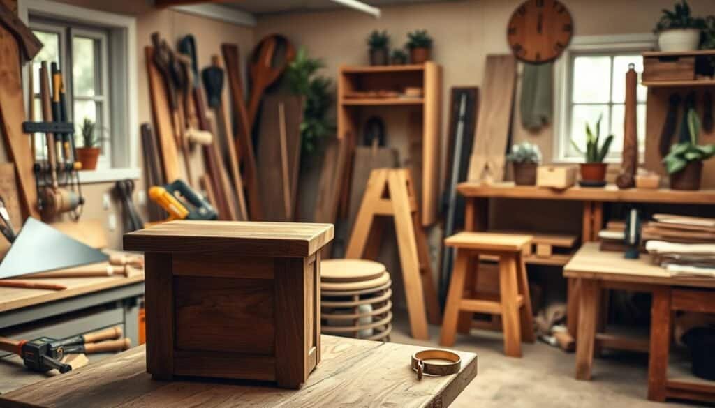 A cozy workshop scene filled with DIY wood accent furniture projects for beginners. In the foreground, a well-crafted wooden side table with a polished finish sits atop a rustic workbench. Nearby, there's an array of woodworking tools like a saw, hammer, and measuring tape, neatly organized. The middle ground showcases a couple of completed projects, such as a charming wooden stool and a small shelf adorned with plants. The background features a warm, inviting atmosphere with soft lighting filtering through a window, casting gentle shadows and highlighting the natural grain of the wood. The overall mood is creative and approachable, inviting viewers to explore the beauty of DIY woodworking. The perspective is slightly elevated, offering a panoramic view of the workspace.