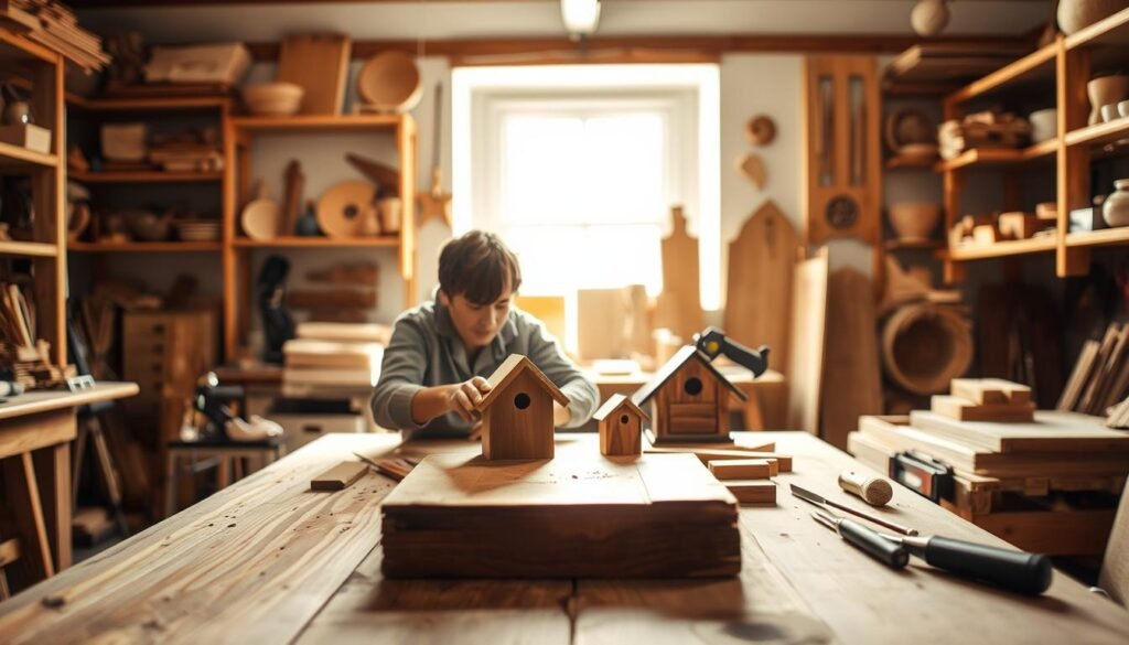 A cozy workshop scene showcasing a DIY wood project in progress, centered around a wooden tabletop. In the foreground, a skilled artisan in modest casual clothing is carefully sanding a small wooden item, such as a birdhouse or picture frame. Tools such as a saw, chisels, and wood pieces are artfully arranged around them. In the middle ground, a bright window casts warm, natural light, illuminating the rich grain of the wood and creating a tranquil atmosphere. The background features shelves filled with various finished wood projects and crafting materials, emphasizing the creative environment. Soft, diffused lighting enhances the calming mood, inviting viewers to immerse themselves in the peaceful act of woodworking.