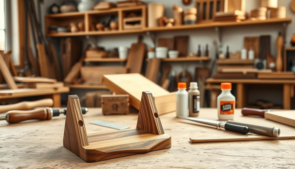 A cozy workshop scene showcasing a beautifully crafted wooden phone and tablet stand, prominently displayed in the foreground. The stand is made of rich, natural wood with smooth edges, exhibiting a polished finish that highlights its grain. In the middle ground, tools like a chiseling knife, sandpaper, and a wood glue bottle are neatly arranged on a wooden workbench, emphasizing a do-it-yourself atmosphere. In the background, soft natural light filters through a window, casting a warm glow on the scene, with shelves lined with various woodworking materials and projects. The mood is inviting and inspiring, perfect for beginners eager to create functional home décor items in a relaxed, creative space.