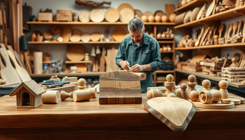A cozy workshop scene showcasing a variety of handmade wooden projects that are appealing for sale. In the foreground, a polished wooden table displays a selection of items: a rustic birdhouse, a beautifully crafted cutting board, and a set of wooden toys. In the middle ground, a skilled woodworker, dressed in modest casual clothing, focuses on carving a delicate wooden piece, surrounded by tools like chisels and sanders. The background features shelves lined with finished wood products, warm lighting highlighting the natural textures and grains of the wood, creating an inviting atmosphere. The overall mood is one of creativity and entrepreneurship, inspiring a sense of calm and craftsmanship.