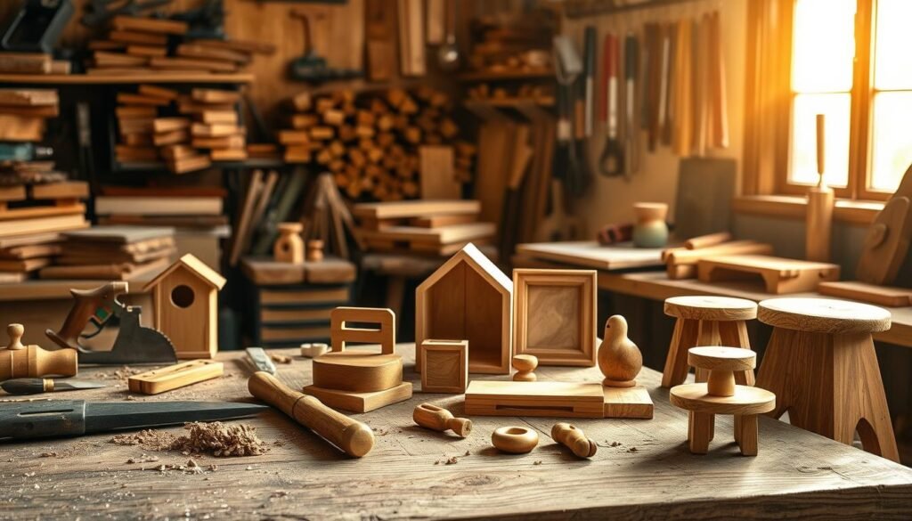 A cozy workshop scene showcasing a variety of quick wood projects. In the foreground, a well-used wooden workbench cluttered with tools like a hand saw, chisel, and sandpaper, along with finished small wooden items like a birdhouse, a picture frame, and a small stool. In the middle, warm natural light streams through a window, illuminating the craftsmanship and the wood grain textures, creating a welcoming atmosphere. The background features neatly arranged lumber and a pegboard filled with tools, suggesting a space for creativity. The overall mood is inviting and inspirational, perfect for encouraging quick DIY projects. This image captures the essence of creativity in woodworking without any distracting elements such as logos or text.