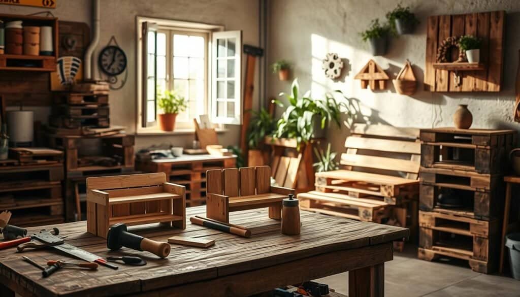 A cozy workshop scene showcasing various pallet transformation projects. In the foreground, a rustic wooden table is cluttered with tools such as a saw, hammer, and paintbrushes, displaying half-finished pallet furniture pieces like a small bench and a shelf. In the middle ground, a well-lit area features an open window allowing natural light to stream in, casting soft shadows on the textured wooden pallets stacked nearby. In the background, a few completed projects, like a decorative planter and a pallet wall art, hang on the walls, surrounded by greenery from potted plants. The atmosphere is warm and inviting, evoking a sense of creativity and DIY spirit. Use bright yet soft lighting to enhance the wood grains and colors, capturing the essence of woodworking and homemade decor.