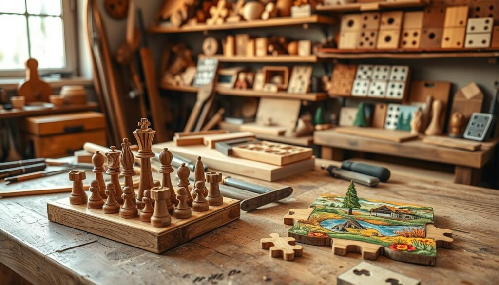 A cozy workshop scene showcasing various wooden games crafted for family fun. In the foreground, a beautifully designed wooden chess set with intricate carvings, and next to it, a colorful, handmade jigsaw puzzle featuring nature themes. In the middle, a rustic workbench cluttered with woodworking tools, like chisels and sanders, emphasizing the craftsmanship involved. The background features warm lighting filtering through a window, illuminating shelves filled with completed games, including wooden dominoes and tic-tac-toe boards. The atmosphere is inviting, encouraging creativity and connection among family members. The overall mood is peaceful and inspiring, capturing the essence of building something special with wood in a serene home setting.